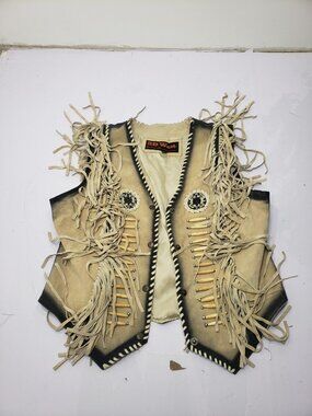 Vintage 3B West Leather Western Indian Vest Fringe Beaded White Size XL
